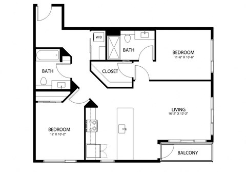 A black and white image of a floor plan for a home with three bedrooms, a living room, a bathroom, a closet, and a balcony.